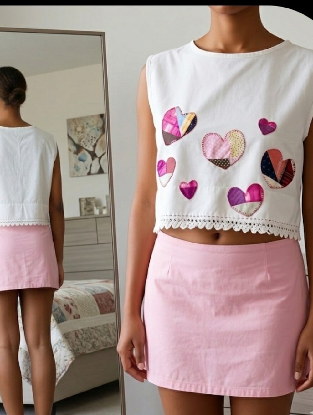 Upcycled Vtg Pillowcase Boxy Crop Top S-M Heart Appliques Dont Throw It Out